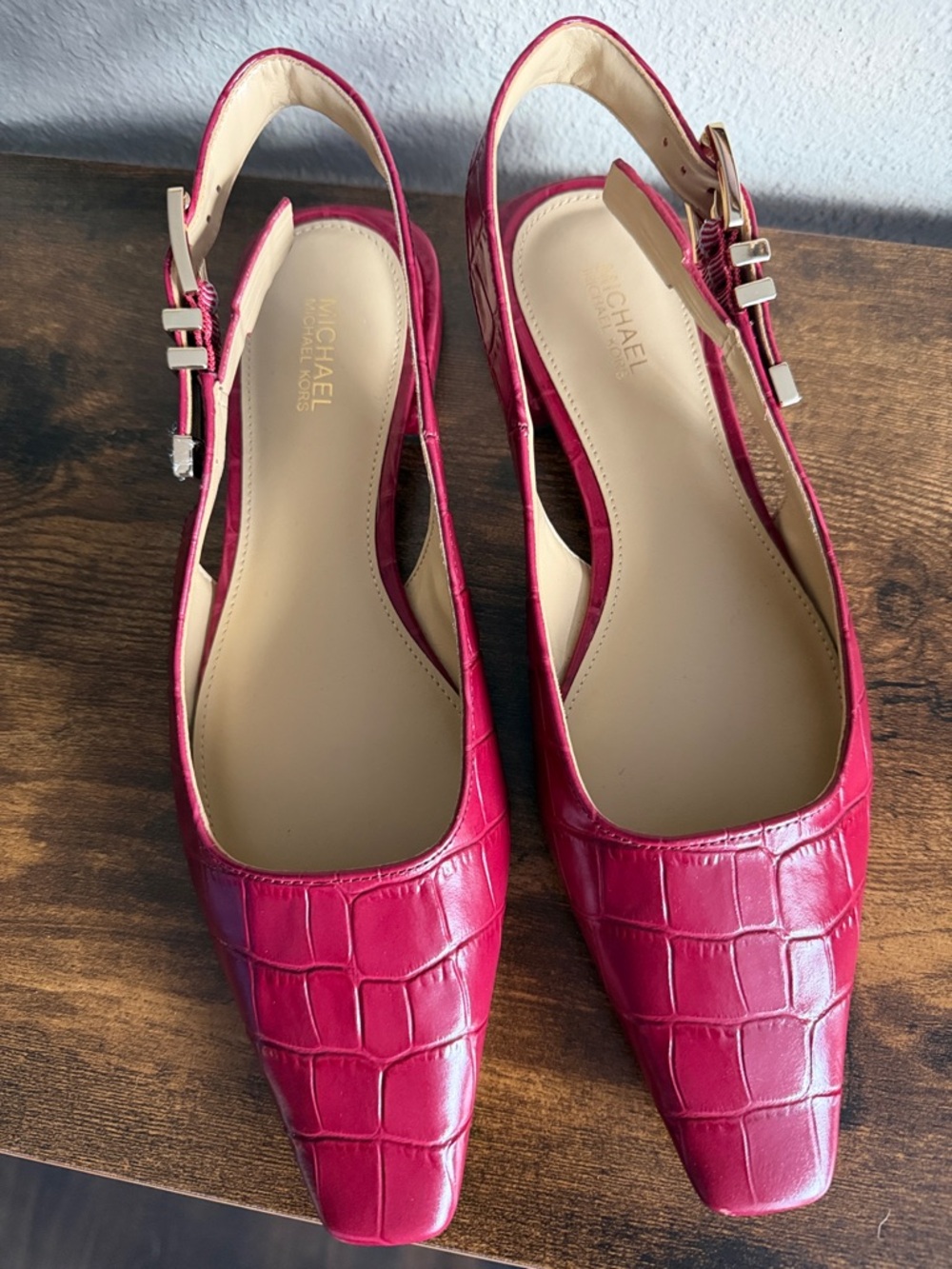 Michael Kors Fuchsia Croc-Embossed Slingback Flats with Gold Buckle